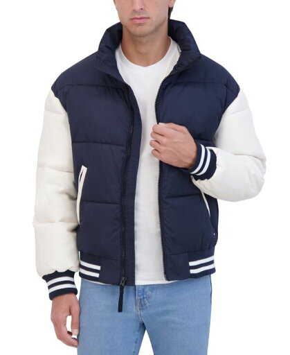 【送料無料】 ハドソン メンズ ジャケット・ブルゾン アウター Men's Varsity Puffer Jacket with Faux Leather Sleeves Navy 【送料無料】 ハドソン メンズ ジャケット・ブルゾン アウター Men's Varsity Puffer Jacket with Faux Leather Sleeves Navy