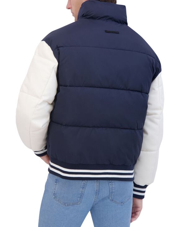 【送料無料】 ハドソン メンズ ジャケット・ブルゾン アウター Men's Varsity Puffer Jacket with Faux Leather Sleeves Navy
