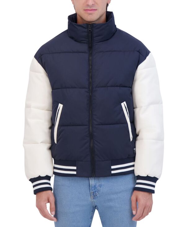 【送料無料】 ハドソン メンズ ジャケット・ブルゾン アウター Men's Varsity Puffer Jacket with Faux Leather Sleeves Navy