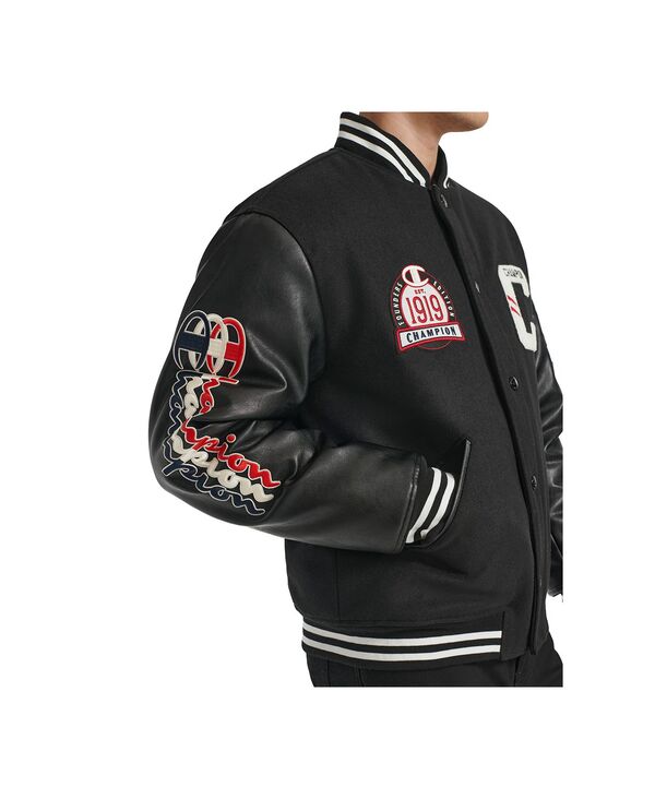【送料無料】 チャンピオン メンズ ジャケット・ブルゾン アウター Men's Logo-Patch Mixed-Media Varsity Jacket Black