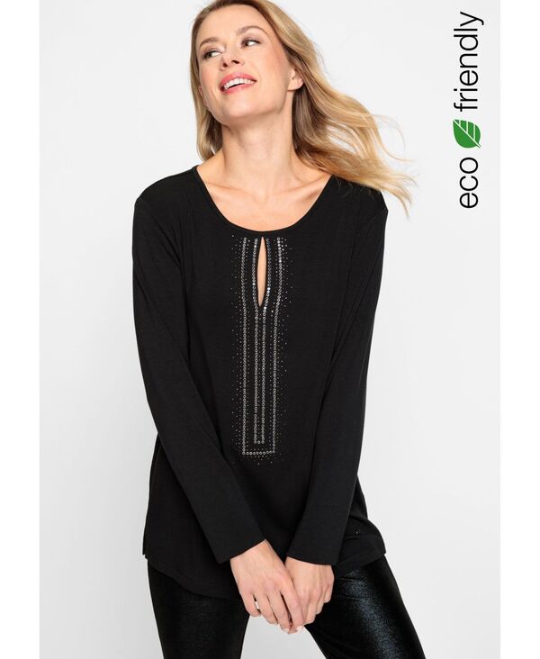 【送料無料】 オルセン レディース Tシャツ トップス Women's Long Sleeve Keyhole Neckline Embellished T-Shirt Black