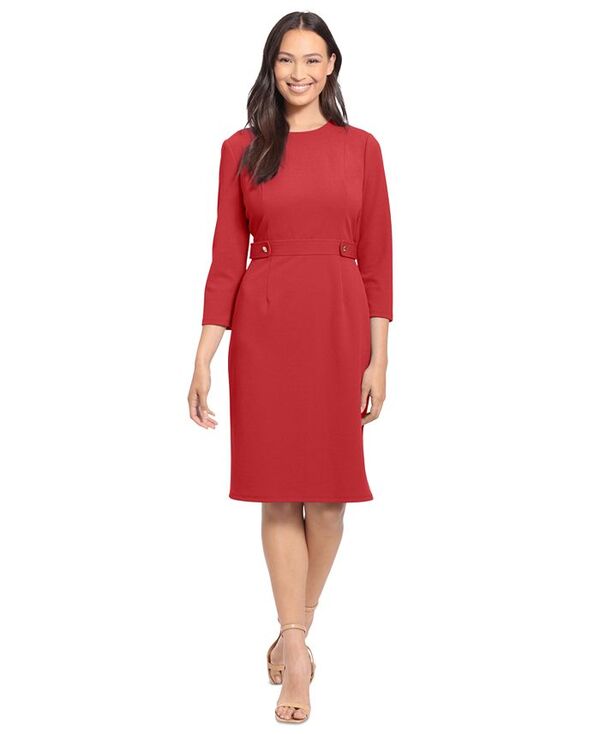 【送料無料】 ロンドンタイムス レディース ワンピース トップス Petite 3/4-Sleeve Tab-Waist Sheath Dress Red