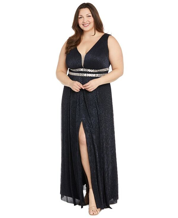 【送料無料】 アールアンドエムリチャーズ レディース ワンピース トップス Plus Size Metallic Beaded-Waist Gown Navy