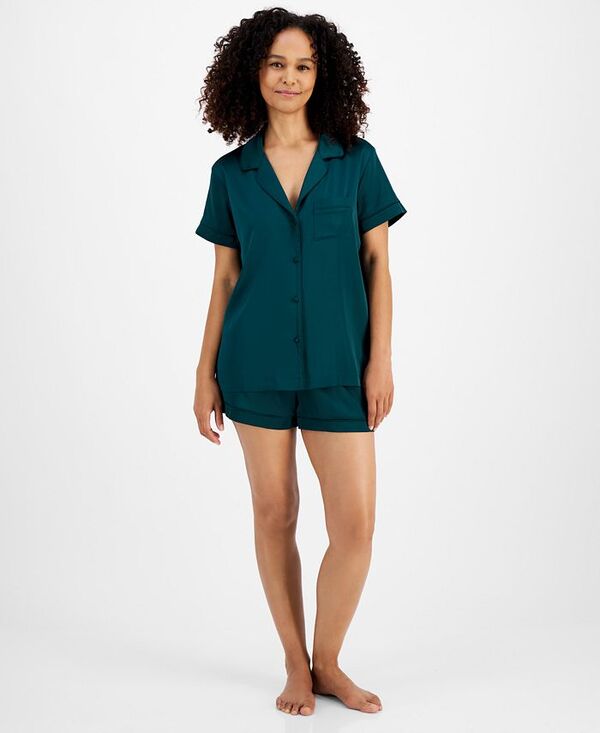 【送料無料】 アイ.エヌ.シー インターナショナル コンセプト レディース ナイトウェア アンダーウェア Women's 2-Pc. Stretch Satin Notch Collar Pajamas Set Deep Algae