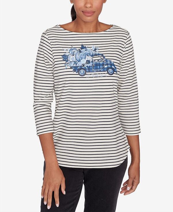 【送料無料】 ルビーアールディー レディース シャツ トップス Petite Scoop Neck Fall Y'All Truck Striped Knit Top Chambray Blue Multi