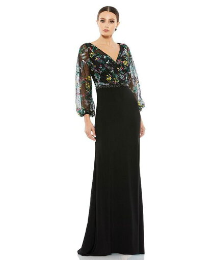 【送料無料】 マックダガル レディース ワンピース トップス Women's Embroidered Illusion Puff Sleeve Column Gown Black multi 【送料無料】 マックダガル レディース ワンピース トップス Women's Embroidered Illusion Puff Sleeve Column Gown Black multi