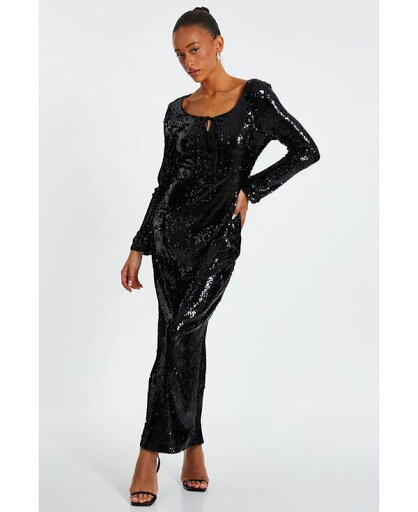 【送料無料】 クイズ レディース ワンピース トップス Women's Sequin Tie Front Maxi Dress Black 【送料無料】 クイズ レディース ワンピース トップス Women's Sequin Tie Front Maxi Dress Black