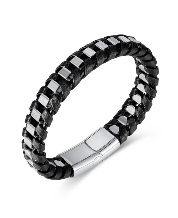 【送料無料】 ローナ サットン メンズ ブレスレット・バングル・アンクレット アクセサリー Silver Chain Wrapped Leather Stainless Steel Bracelet Silver/Black