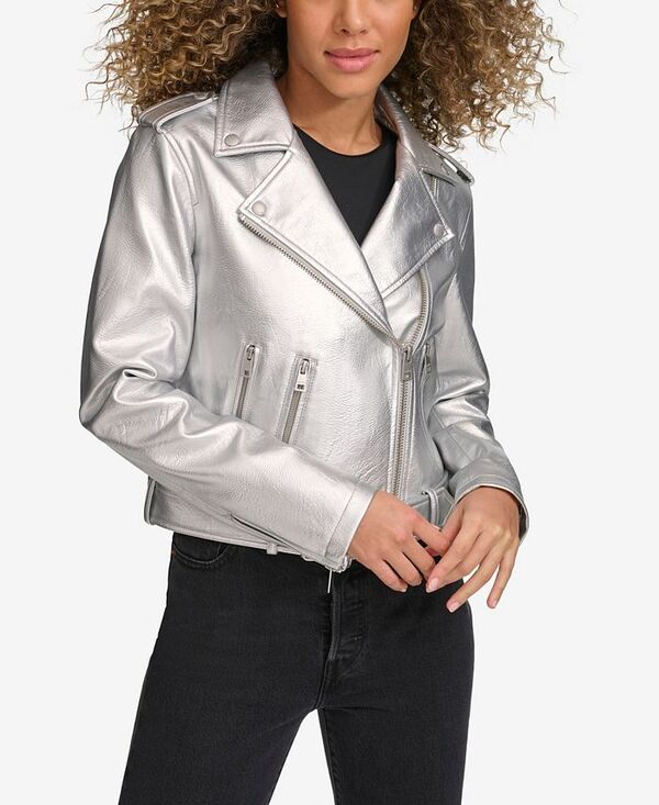 【送料無料】 リーバイス レディース ジャケット・ブルゾン アウター Women's Faux-Leather Belted Hem Moto Jacket Silver