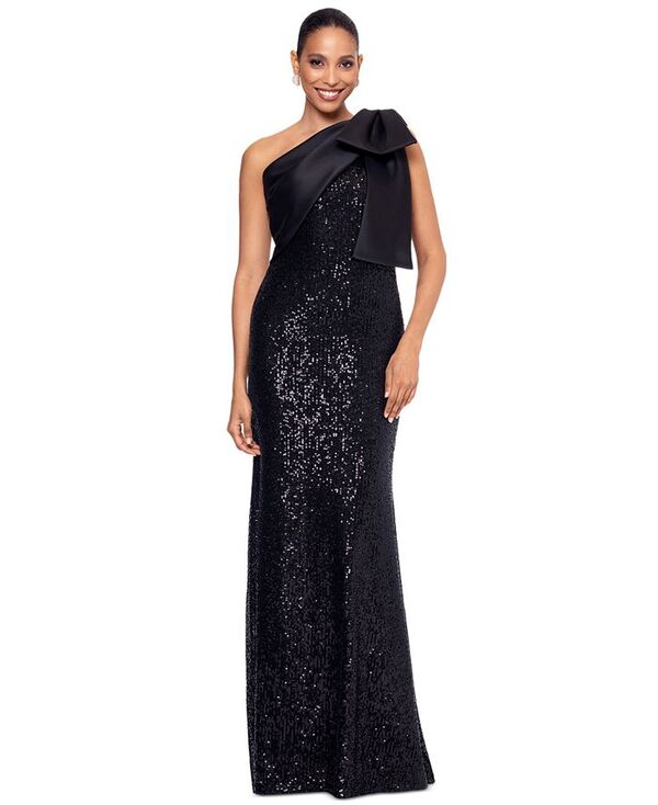 【送料無料】 ベッツィアンドアダム レディース ワンピース トップス Women's Asymmetric Sequin Bow Sleeveless Gown Black
