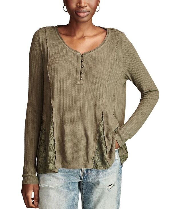 【送料無料】 ラッキーブランド レディース シャツ トップス Women's Henley V-Neck Lace-Godet Swing Top Olive