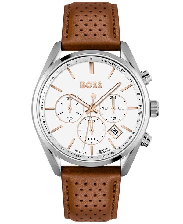 【送料無料】 ヒューゴボス メンズ 腕時計 アクセサリー Men's Chronograph Champion Brown Perforated Leather Strap Watch 44mm Brown
