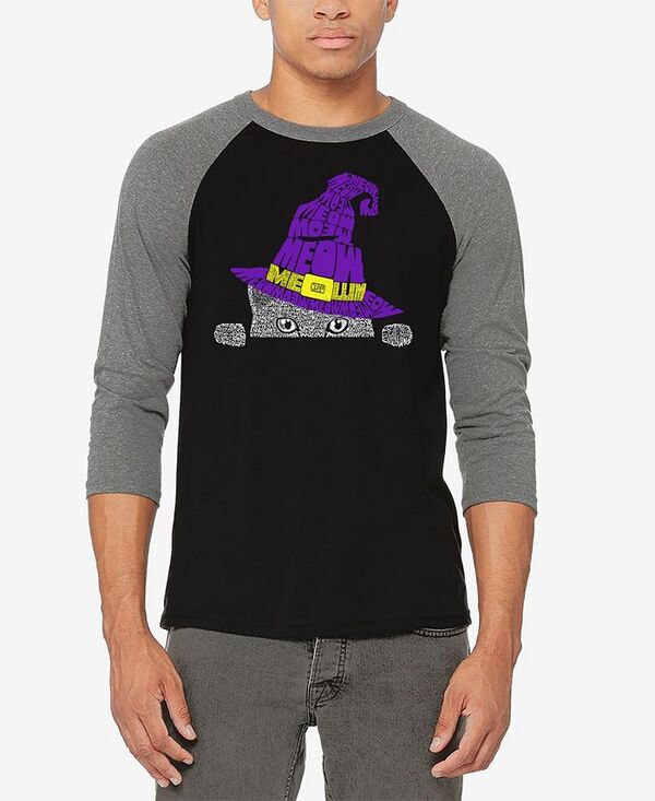 【送料無料】 エルエーポップアート メンズ Tシャツ トップス Men's Peeking Witch Cat Raglan Baseball Word Art T-Shirt Grey/Black