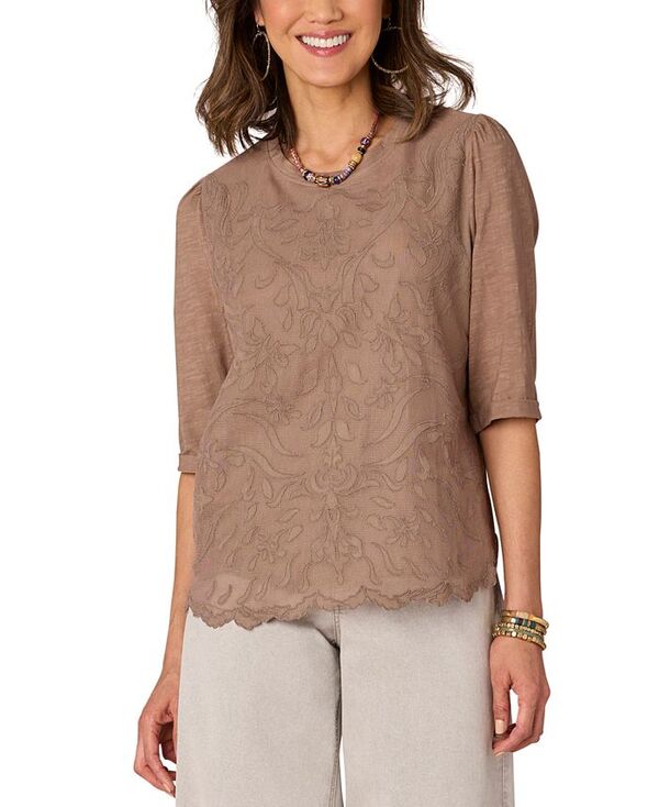 【送料無料】 デモクラシー レディース シャツ トップス Petite Embroidered Die-Cut-Front Knit-to-Woven Top Oyster Mus