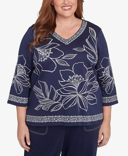 【送料無料】 アルフレッド ダナー レディース シャツ トップス Plus Size Block Island Dynamic Floral Embroidered V-Neck Top Navy 【送料無料】 アルフレッド ダナー レディース シャツ トップス Plus Size Block Island Dynamic Floral Embroidered V-Neck Top Navy