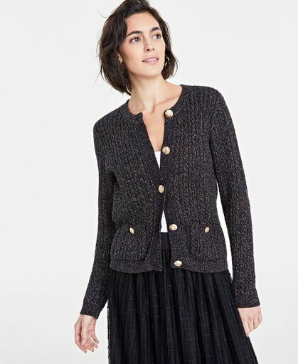 【送料無料】 On 34th レディース ニット・セーター アウター Women's Metallic Cable-Knit Sweater Jacket Deep Black 【送料無料】 On 34th レディース ニット・セーター アウター Women's Metallic Cable-Knit Sweater Jacket Deep Black