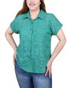 【送料無料】 ニューヨークコレクション レディース シャツ トップス Petite Short Sleeve Eyelet Knit Back Blouse Green|詳細画像