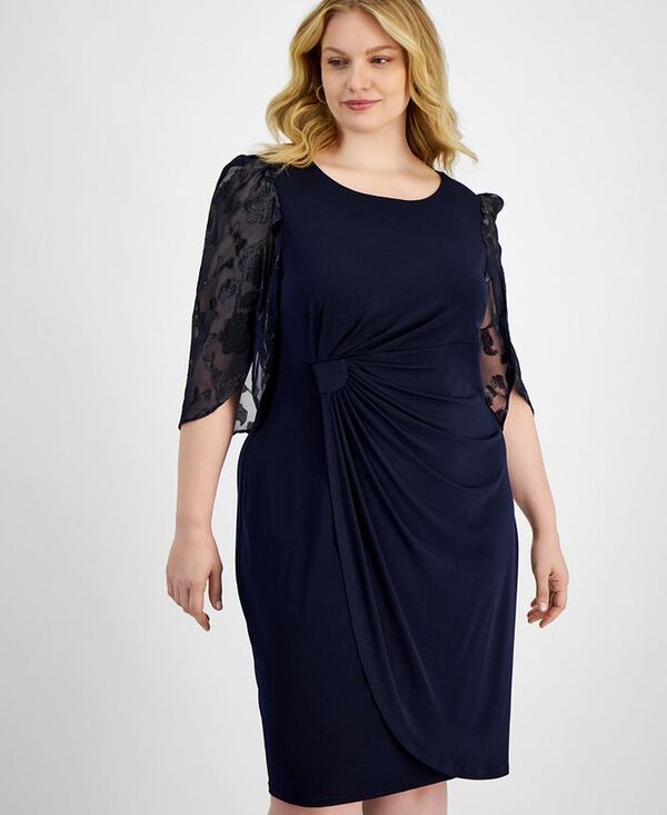 【送料無料】 コネクテッド レディース ワンピース トップス Plus Size Cape-Sleeve Side-Ruched Dress Midnight