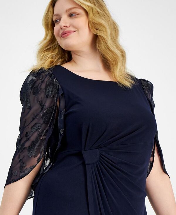 【送料無料】 コネクテッド レディース ワンピース トップス Plus Size Cape-Sleeve Side-Ruched Dress Midnight