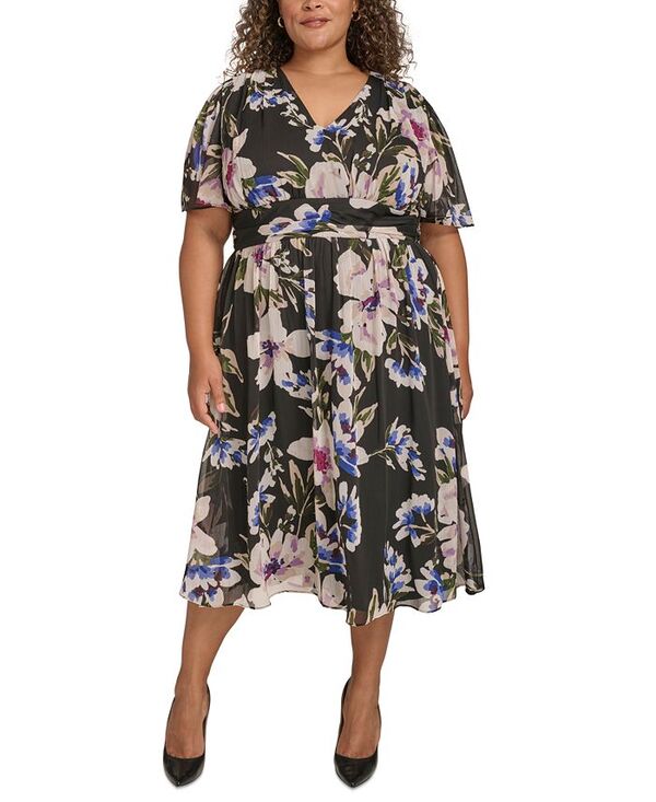 【送料無料】 カルバンクライン レディース ワンピース トップス Plus Size Floral-Print Flutter-Sleeve Chiffon Dress Black Multi