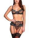 【送料無料】 ホーティ レディース ナイトウェア アンダーウェア Women's 3 PC Lingerie Set Patterned in Lace Trimmed Garter Skirt and Bra with Pink Lace down Ribbon Black(4)