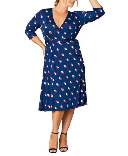 【送料無料】 キヨナ レディース ワンピース トップス Plus Size Essential Wrap Dress with 3/4 Sleeves Navy dot duo 【送料無料】 キヨナ レディース ワンピース トップス Plus Size Essential Wrap Dress with 3/4 Sleeves Navy dot duo