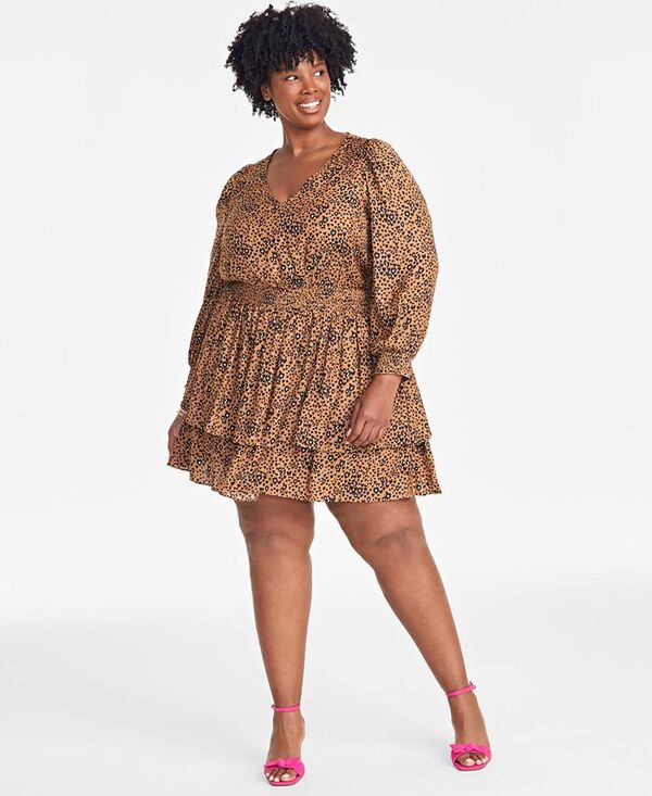 【送料無料】 On 34th レディース ワンピース トップス Trendy Plus Size Wild Hearts Tiered Minidress Salty Nut