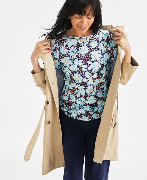 【送料無料】 スタイルアンドコー レディース シャツ トップス Women's Printed Pima Cotton 3/4-Sleeve Top Blooming Blue