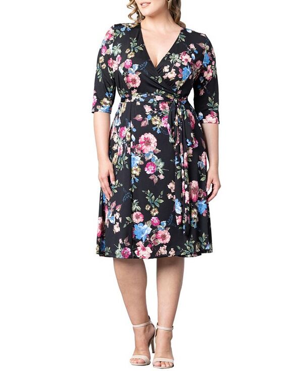 【送料無料】 キヨナ レディース ワンピース トップス Plus Size Essential Wrap Dress with 3/4 Sleeves Enchanted gardenのサムネイル