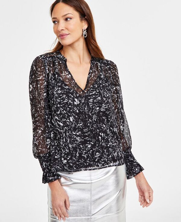 【送料無料】 アイ.エヌ.シー インターナショナル コンセプト レディース シャツ トップス Women's Printed Long-Sleeve Femme Sheer Blouse Stella Sky