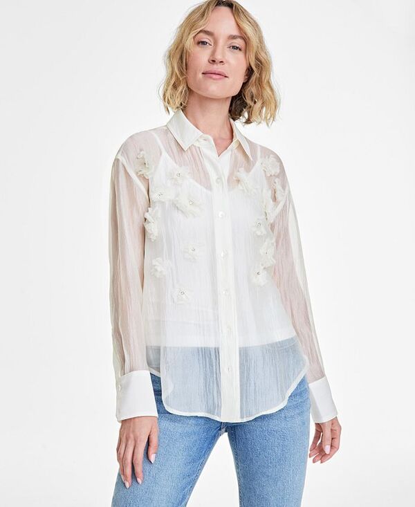 ̵ On 34th ǥ  ȥåץ Women's 3D Floral Relaxed Organza Shirt ...