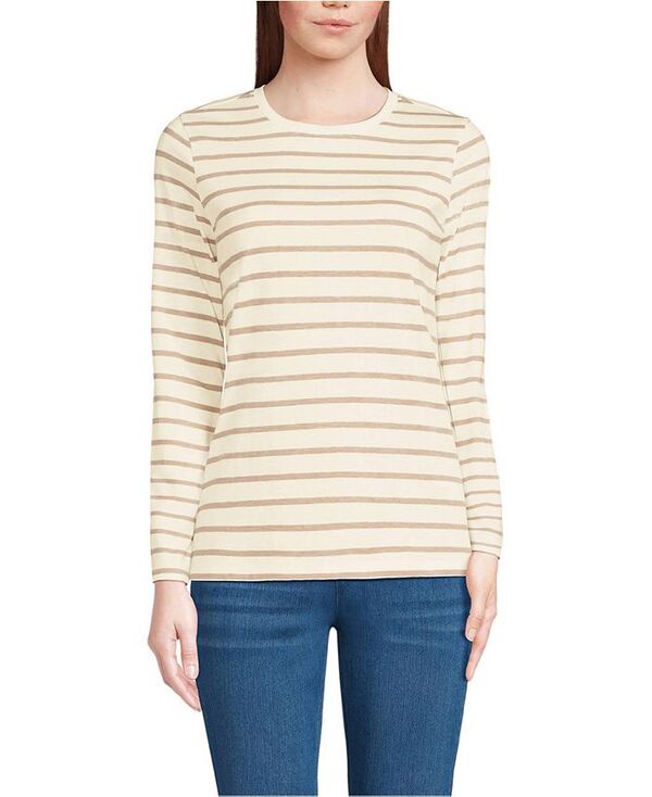 【送料無料】 ランズエンド レディース シャツ トップス Petite Relaxed Supima Cotton Long Sleeve Crew Neck T-Shirt French pecan breton stripe