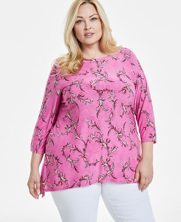 【送料無料】 ジェイエムコレクション レディース シャツ トップス Plus Size Jacquard Swing Top Petunia Pink