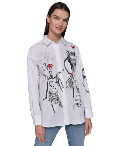 【送料無料】 カール ラガーフェルド レディース シャツ トップス Petite Cotton Sketch Girl Shirt White 【送料無料】 カール ラガーフェルド レディース シャツ トップス Petite Cotton Sketch Girl Shirt White