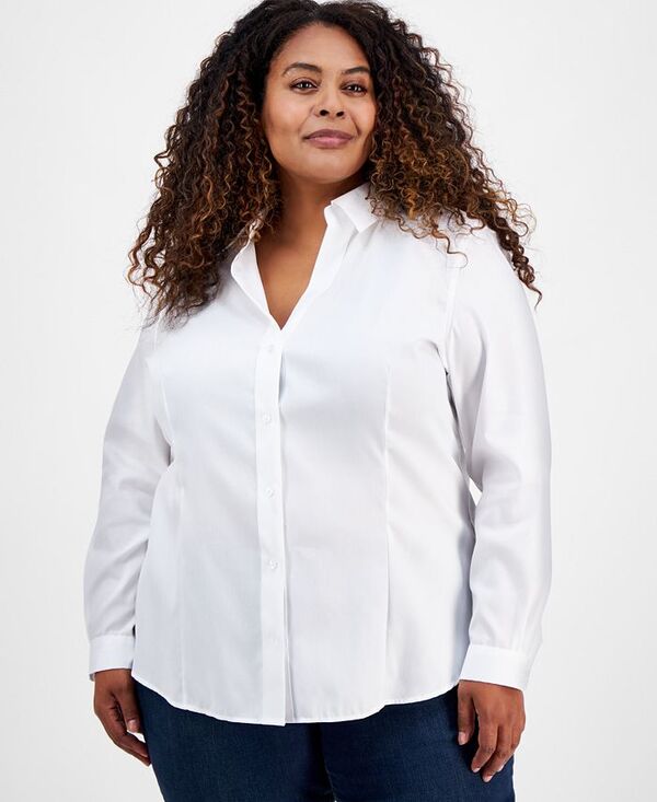 【送料無料】 ジョーンズニューヨーク レディース シャツ トップス Plus Size Cotton Button-Front Shirt White