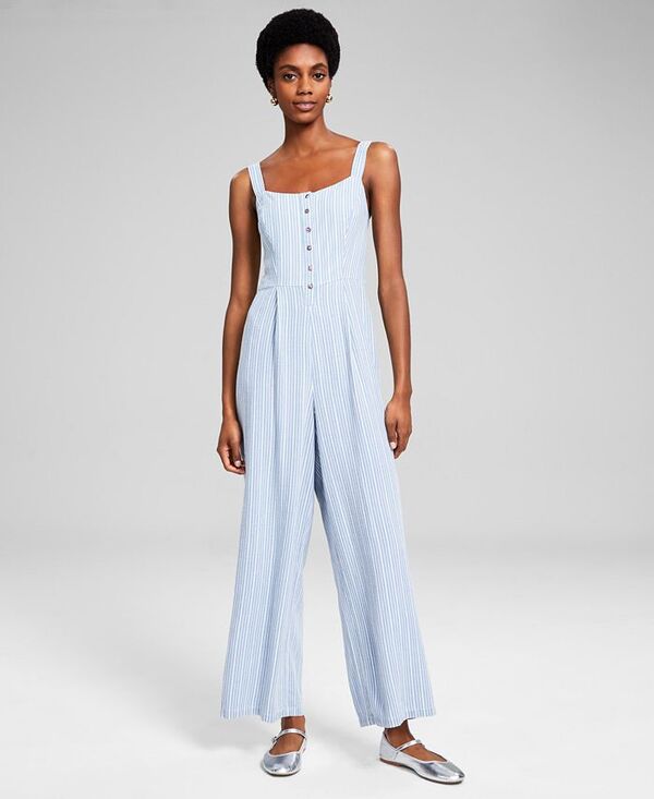 【送料無料】 アンドノウディス レディース カジュアルパンツ ボトムス Women's Striped Button-Front Jumpsuit Blue/white Stripe
