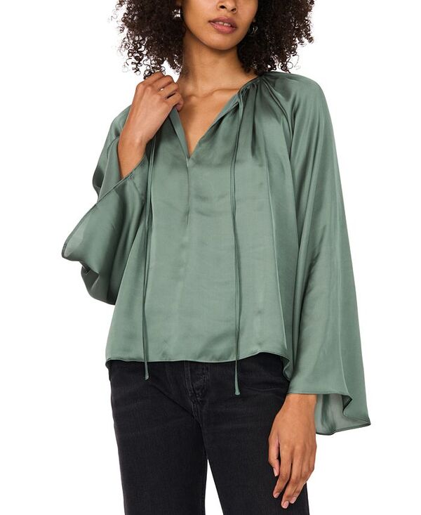 【送料無料】 ワンステイト レディース シャツ トップス Women's Wide Flutter-Sleeve Tie-Neck Top Dark Forest