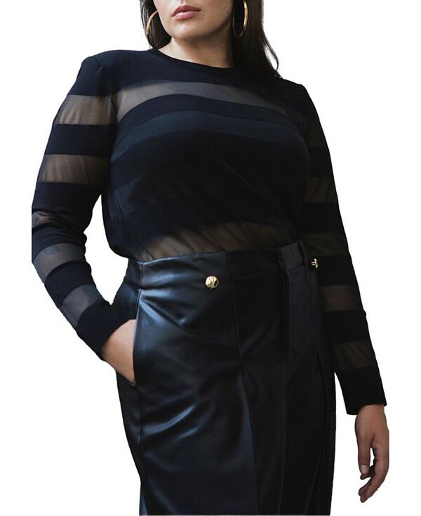 【送料無料】 エロクイ レディース ニット・セーター アウター Plus Size Sheer Stripe Sweater With Shoulder Pad Black