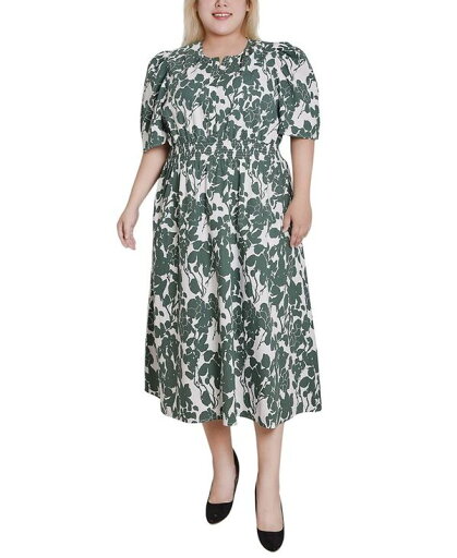 【送料無料】 ニューヨークコレクション レディース ワンピース トップス Plus Size Puff Sleeve Poplin Dress Green Ivory Floral 【送料無料】 ニューヨークコレクション レディース ワンピース トップス Plus Size Puff Sleeve Poplin Dress Green Ivory Floral