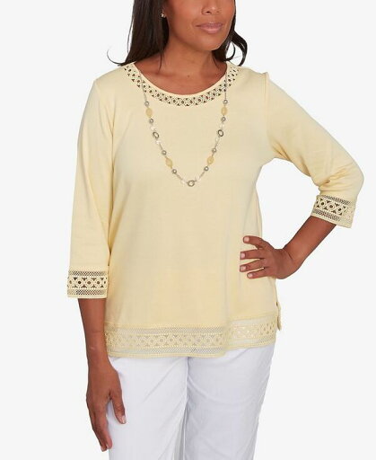 【送料無料】 アルフレッド ダナー レディース シャツ トップス Petite Dress Code Solid Lace Trim Top with Necklace Buttercup 【送料無料】 アルフレッド ダナー レディース シャツ トップス Petite Dress Code Solid Lace Trim Top with Necklace Buttercup