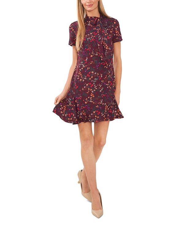 セセ レディース トップス ワンピース プリント CeCe Women's Short Sleeve Printed Godet Dress With Bow Neck Spiced Wine ワイン