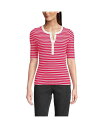 【送料無料】 ランズエンド レディース シャツ トップス Women's Elbow Sleeve Polished Rib Henley Top Berry rouge dual stripe