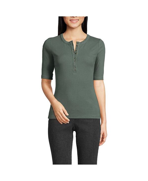 【送料無料】 ランズエンド レディース シャツ トップス Women's Elbow Sleeve Polished Rib Henley Top Spruce