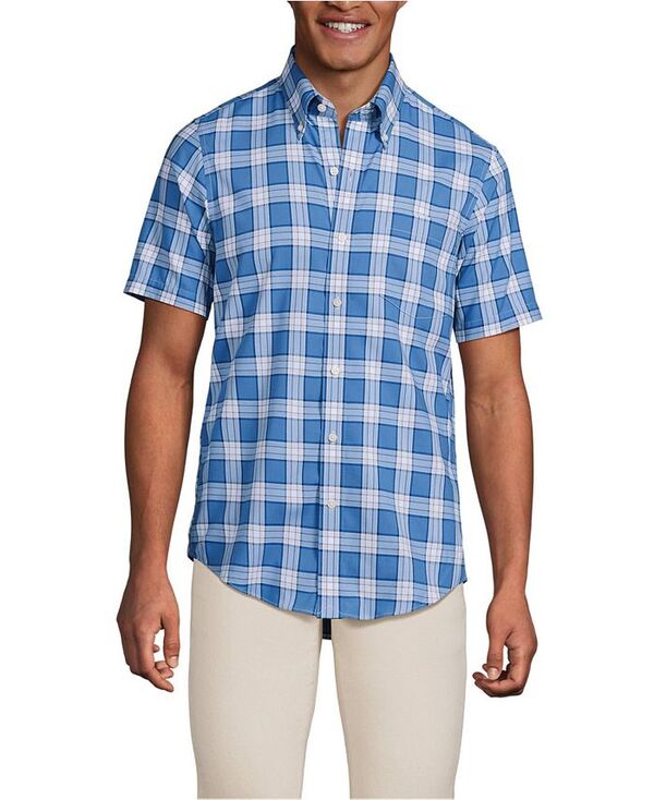 【送料無料】 ランズエンド メンズ シャツ トップス Men's Tall Short Sleeve No Iron Twill Shirt Mariner blue plaid