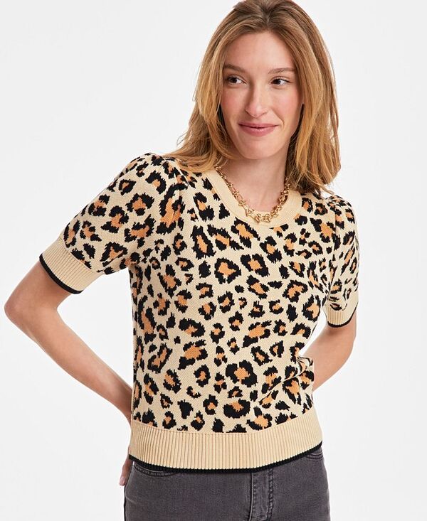【送料無料】 On 34th レディース ニット・セーター アウター Women's Jacquard Puffed-Sleeve Sweater Sunset Nude