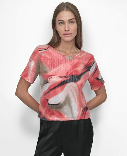 【送料無料】 ダナ キャラン ニューヨーク レディース シャツ トップス Women's Short-Sleeve Printed Knit Sequin Top Brushed Marble_ws 【送料無料】 ダナ キャラン ニューヨーク レディース シャツ トップス Women's Short-Sleeve Printed Knit Sequin Top Brushed Marble_ws