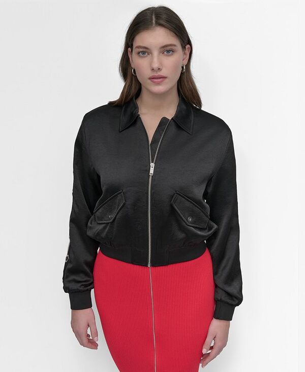【送料無料】 ダナ キャラン ニューヨーク レディース ジャケット・ブルゾン アウター Women's Long-Grommet-Trim-Sleeve Satin Bomber Jacket Black