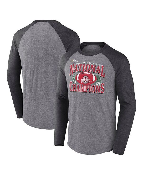 【送料無料】 ファナティクス メンズ Tシャツ トップス Men's Heather Gray Ohio State Buckeyes College Football Playoff 2024 National Champions Vintage Raglan Tri-Blend Long Sleeve T-Shirt Heather Gray