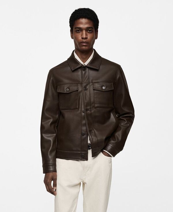 【送料無料】 マンゴ メンズ ジャケット・ブルゾン アウター Men's Pockets Detail Faux-Leather Jacket Brown