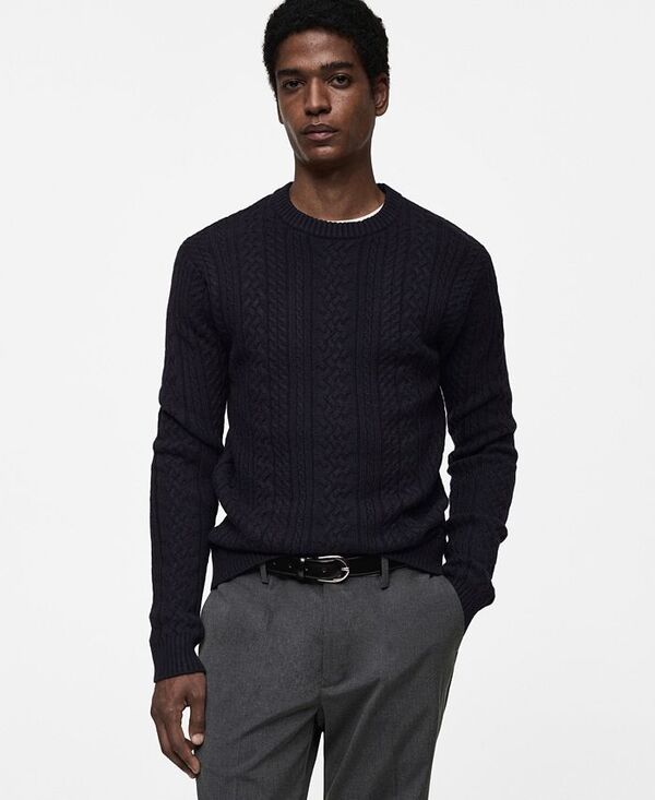 【送料無料】 マンゴ メンズ ニット・セーター アウター Men's Slim-Fit Braided Knit Sweater Dark Navy
